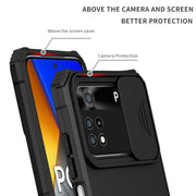 For Xiaomi Poco M4 Pro 4G Stereoscopic Holder Sliding Camshield Phone Case(Black)