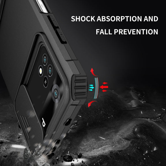 For Xiaomi Poco M4 Pro 4G Stereoscopic Holder Sliding Camshield Phone Case(Black)
