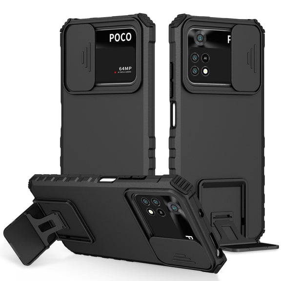 For Xiaomi Poco M4 Pro 4G Stereoscopic Holder Sliding Camshield Phone Case(Black)
