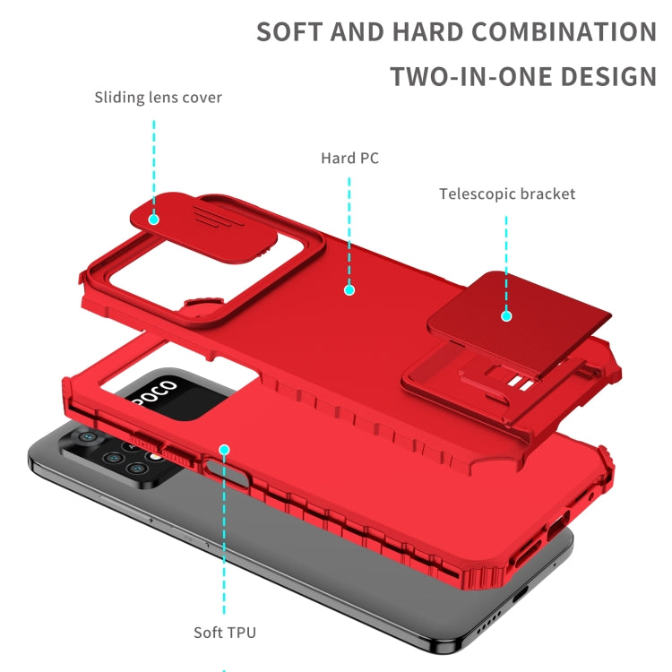 For Xiaomi Poco M4 Pro 4G Stereoscopic Holder Sliding Camshield Phone Case(Red)