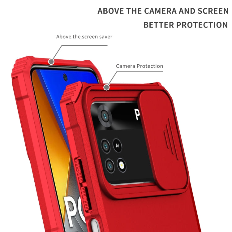 For Xiaomi Poco M4 Pro 4G Stereoscopic Holder Sliding Camshield Phone Case(Red)