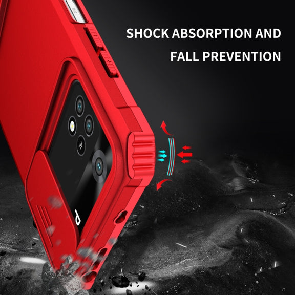 For Xiaomi Poco M4 Pro 4G Stereoscopic Holder Sliding Camshield Phone Case(Red)