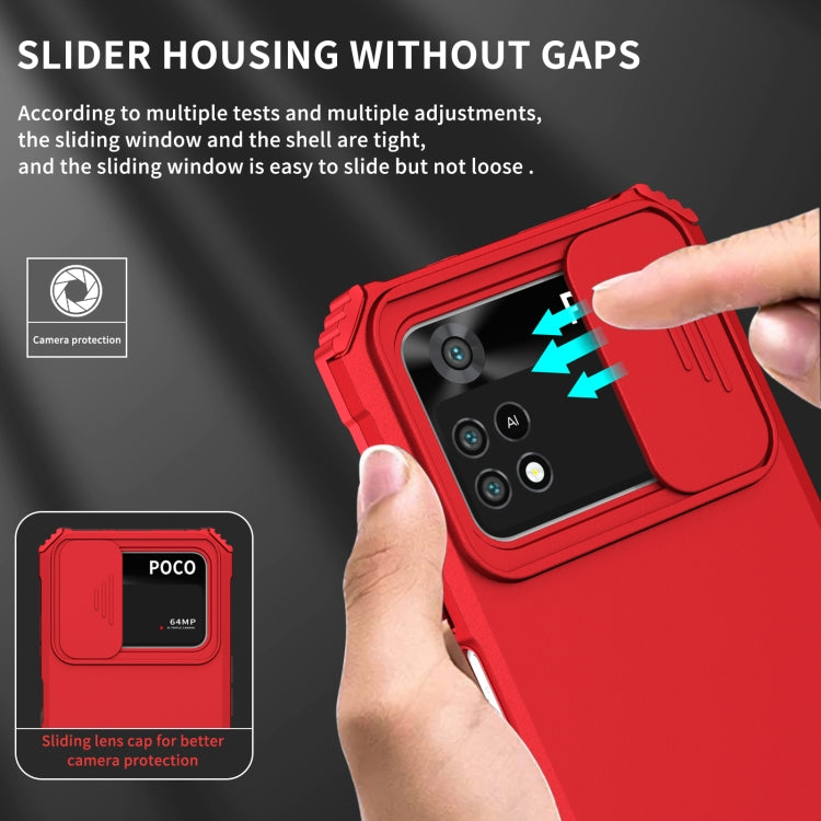 For Xiaomi Poco M4 Pro 4G Stereoscopic Holder Sliding Camshield Phone Case(Red)