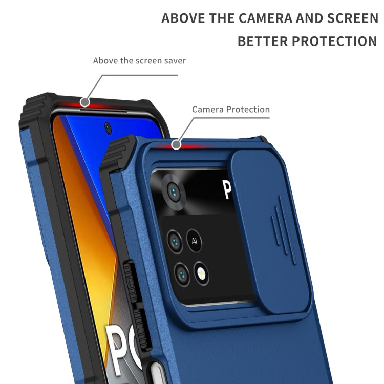 For Xiaomi Poco M4 Pro 4G Stereoscopic Holder Sliding Camshield Phone Case(Blue)