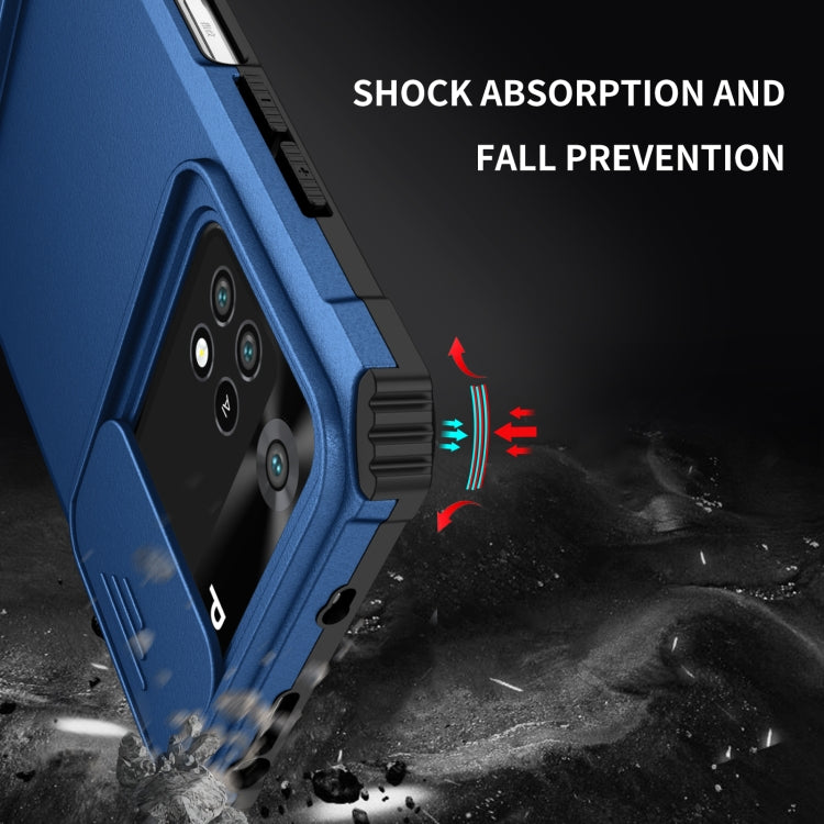 For Xiaomi Poco M4 Pro 4G Stereoscopic Holder Sliding Camshield Phone Case(Blue)