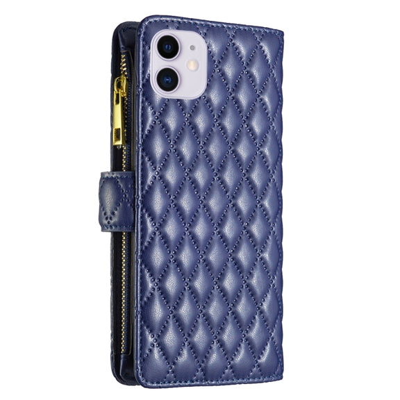 For iPhone 11 Diamond Lattice Zipper Wallet Leather Flip Phone Case (Blue)