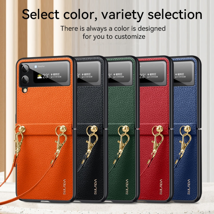 For Samsung Galaxy Z Flip3 5G SULADA Litchi Texture Leather + TPU Phone Case with Strap(Blue)