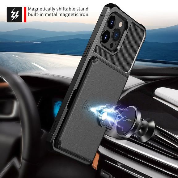 For iPhone 14 Pro Max Magnetic Wallet Card Bag Leather Phone Case (Black)