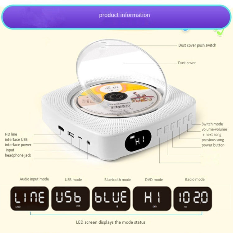 Kecag KC-609 Wall Mounted Home DVD Player Bluetooth CD Player, Specification:DVD/CD+Connectable TV + Charging Version(White)