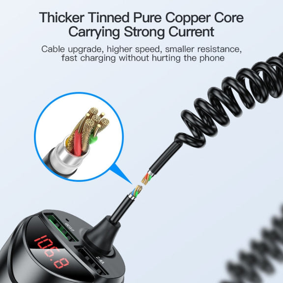 C68 LED Digital Display QC3.0 Fast Car Charger 3 in 1 with Spring Cable(Black)
