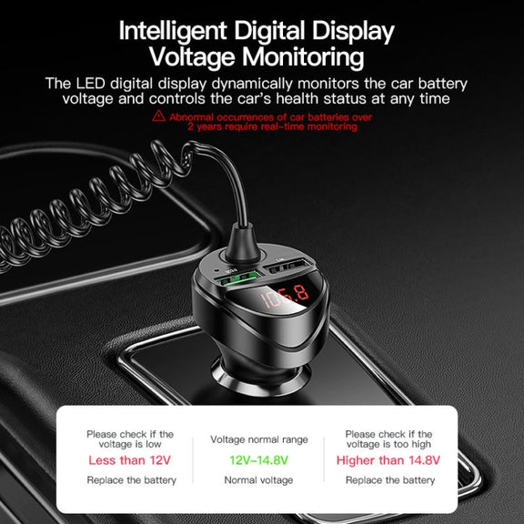 C68 LED Digital Display QC3.0 Fast Car Charger 3 in 1 with Spring Cable(Black)