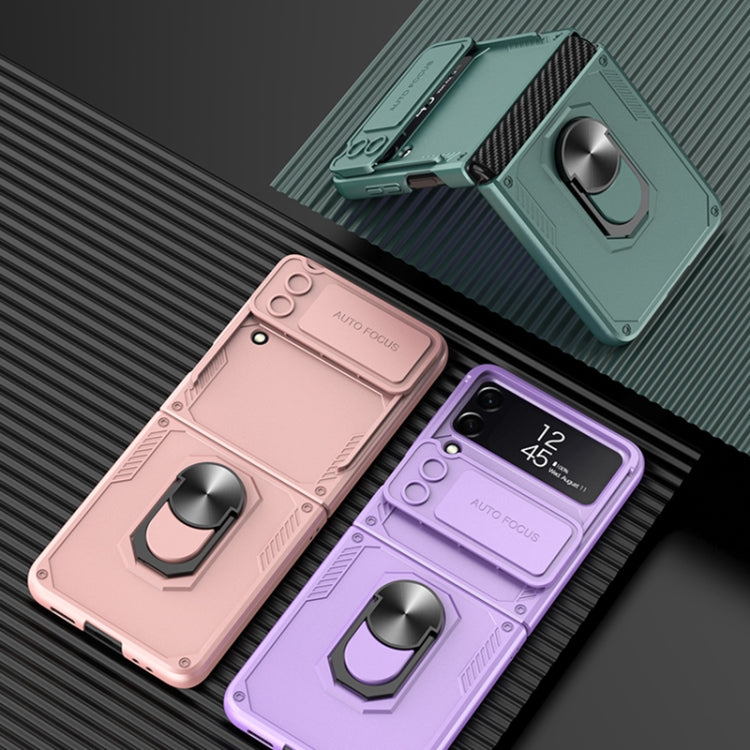 For Samsung Galaxy Z Flip4 GKK Carbon Brazing Pattern Shockproof Armor PC Phone Case with Ring Holder(Silver)