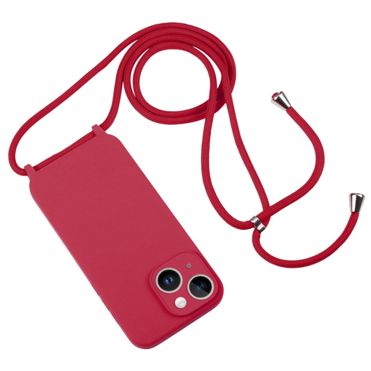 For iPhone 14 Crossbody Lanyard Liquid Silicone Case(Rose Red)