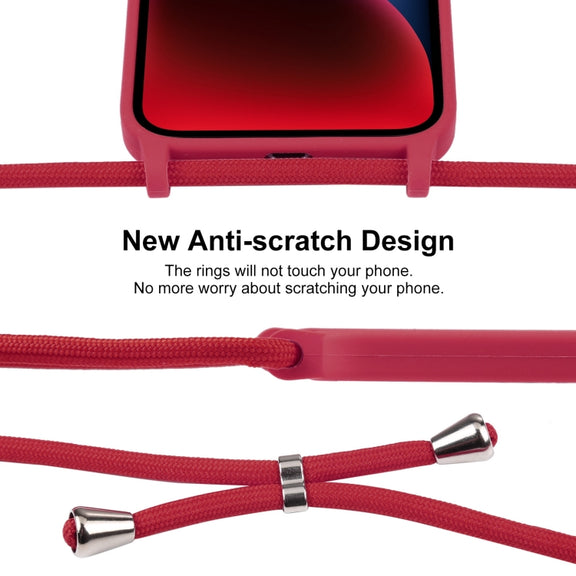 For iPhone 14 Crossbody Lanyard Liquid Silicone Case(Rose Red)