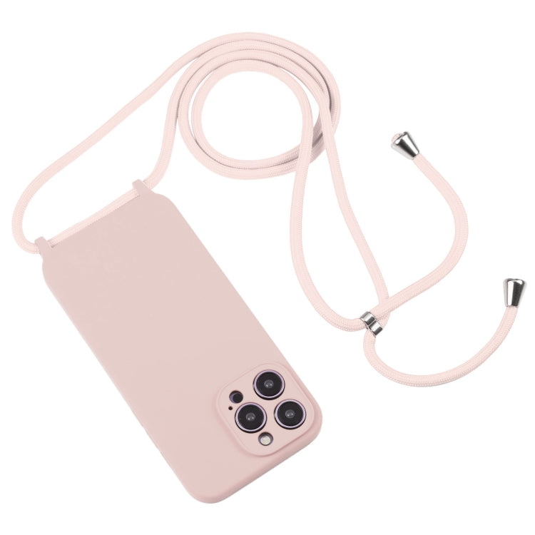 For iPhone 14 Pro Max Crossbody Lanyard Liquid Silicone Case(Sand Pink)