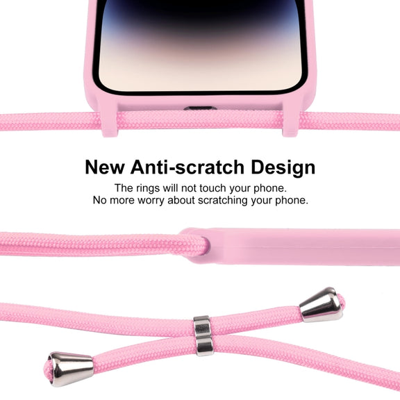 For iPhone 14 Pro Max Crossbody Lanyard Liquid Silicone Case(Pink)