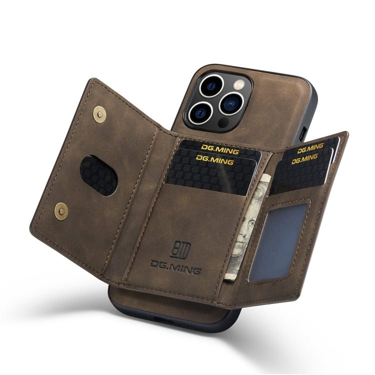 For iPhone 14 Pro Max DG.MING M2 Series 3-Fold Card Bag Leather Case(Coffee)