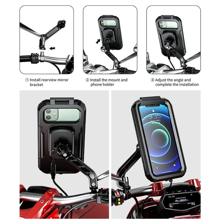Kewig M18L-A2 Motorcycle / Bicycle Rearview Mirror Wireless Charging Water-resistant Box Mobile Phone Holder