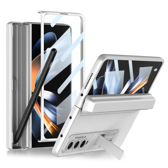 For Samsung Galaxy Z Fold4 GKK Integrated Magnetic Flip Plain Leather Phone Case with Pen Box(Silver)