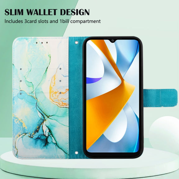 For Xiaomi Poco C40 Global PT003 Marble Pattern Flip Leather Phone Case(Green LS003)