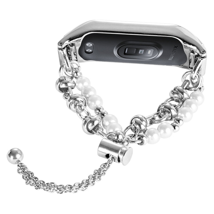 For Xiaomi Mi Band 5 / 6 Double Pearl Bead String Metal Watch Band(Silver)
