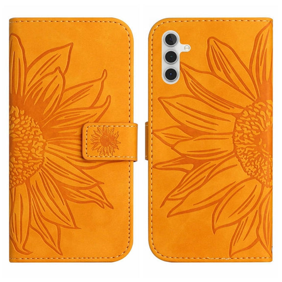 For Samsung Galaxy A04S Skin Feel Sun Flower Pattern Flip Leather Phone Case with Lanyard(Yellow)