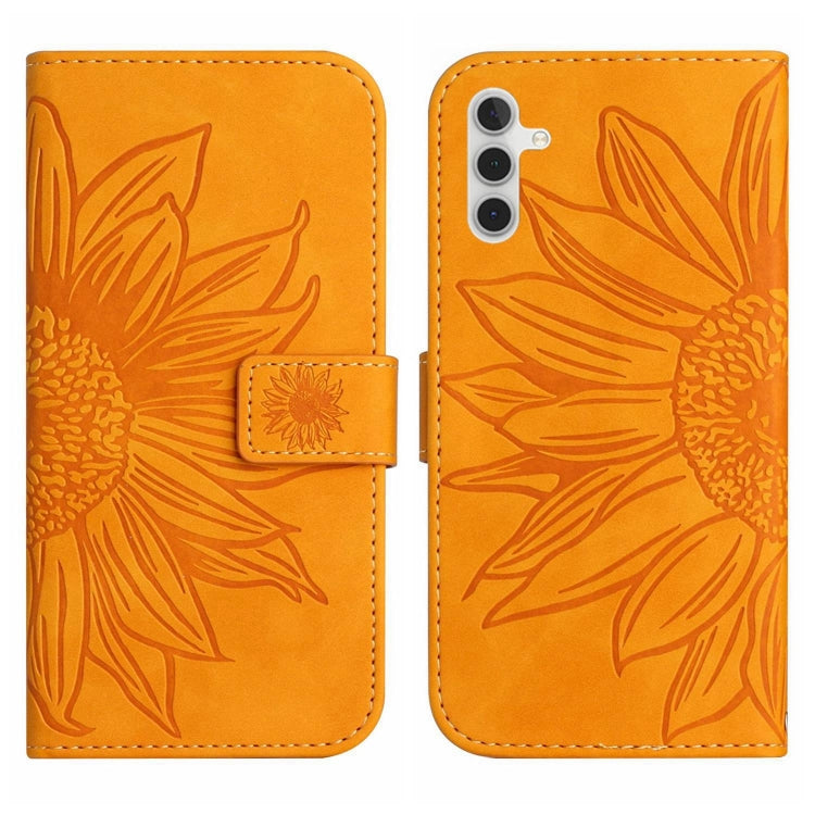 For Samsung Galaxy A04S Skin Feel Sun Flower Pattern Flip Leather Phone Case with Lanyard(Yellow)