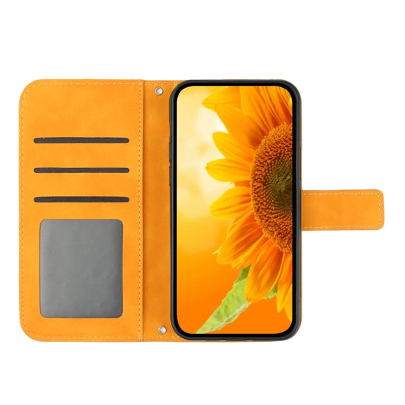 For Samsung Galaxy A04S Skin Feel Sun Flower Pattern Flip Leather Phone Case with Lanyard(Yellow)