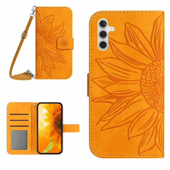 For Samsung Galaxy A04S Skin Feel Sun Flower Pattern Flip Leather Phone Case with Lanyard(Yellow)
