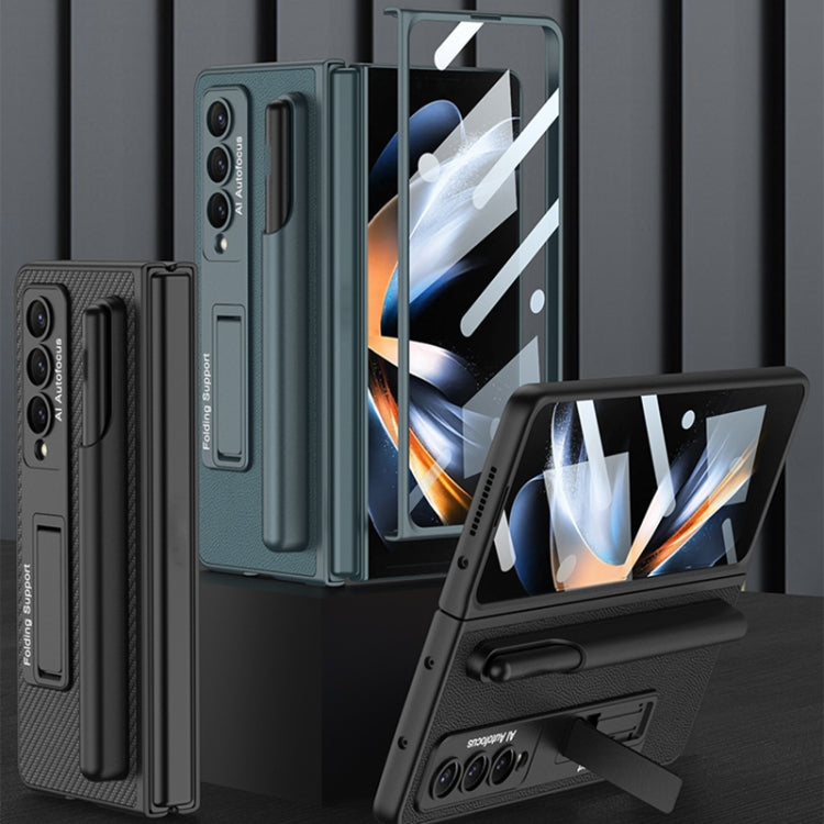 For Samsung Galaxy Z Fold4 GKK Ultra-thin Shockproof Leather Protective Case with Holder & Pen Slots(Dark Night Green)