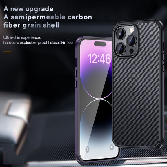 For iPhone 14 Plus SULADA Carbon Fiber Textured Shockproof Metal + TPU Frame Case(Black)