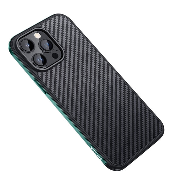 For iPhone 14 Pro SULADA Carbon Fiber Textured Shockproof Metal + TPU Frame Case(Dark Green)