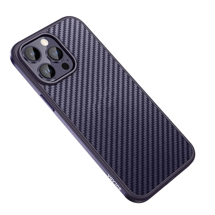 For iPhone 14 Pro SULADA Carbon Fiber Textured Shockproof Metal + TPU Frame Case(Dark Purple)