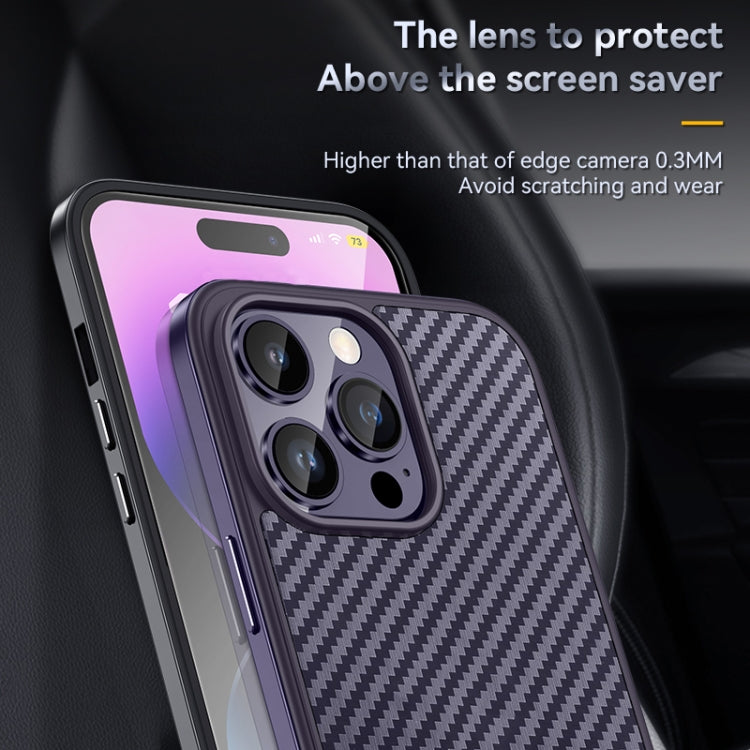 For iPhone 14 Pro SULADA Carbon Fiber Textured Shockproof Metal + TPU Frame Case(Dark Purple)