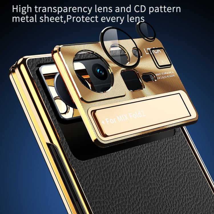 For Xiaomi Mix Fold 2 Plain Leather Double Hinged Folding Phone Case with Stylus(Gold+Black)