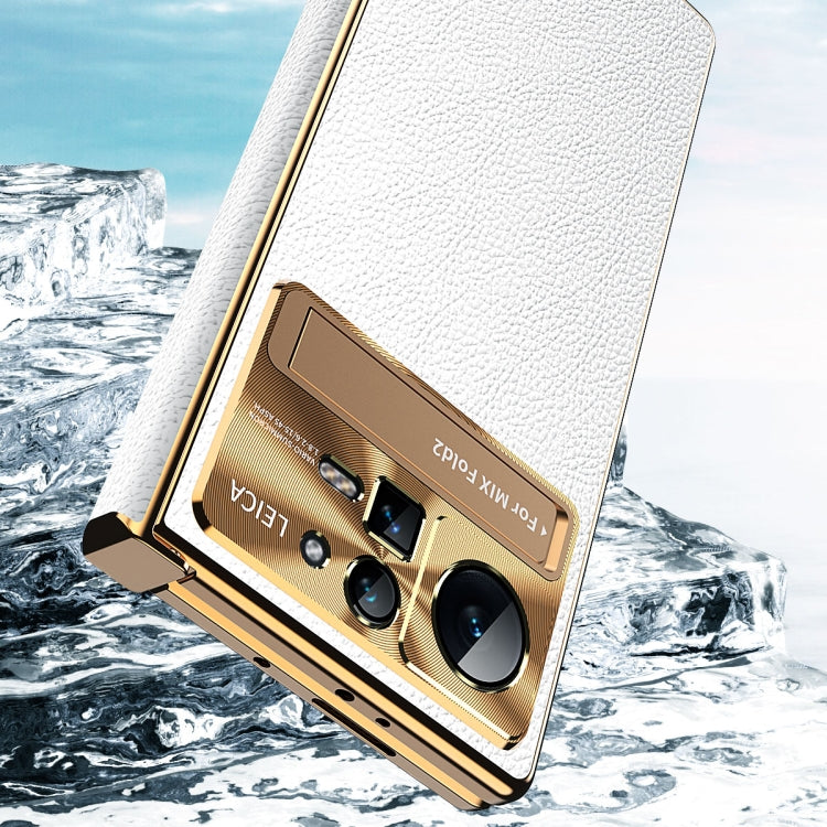 For Xiaomi Mix Fold 2 Plain Leather Double Hinged Folding Phone Case with Stylus(Gold+Blue)
