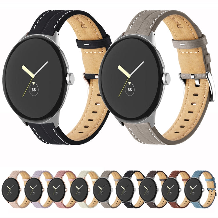 For Google Pixel Watch Grooved Genuine Leather Watch Band(Black)