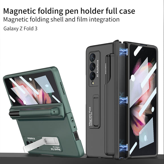 For Samsung Galaxy Z Fold3 5G GKK Full Coverage Magnetic Fold Hinge Shockproof Phone Case with Pen Slots(Green)