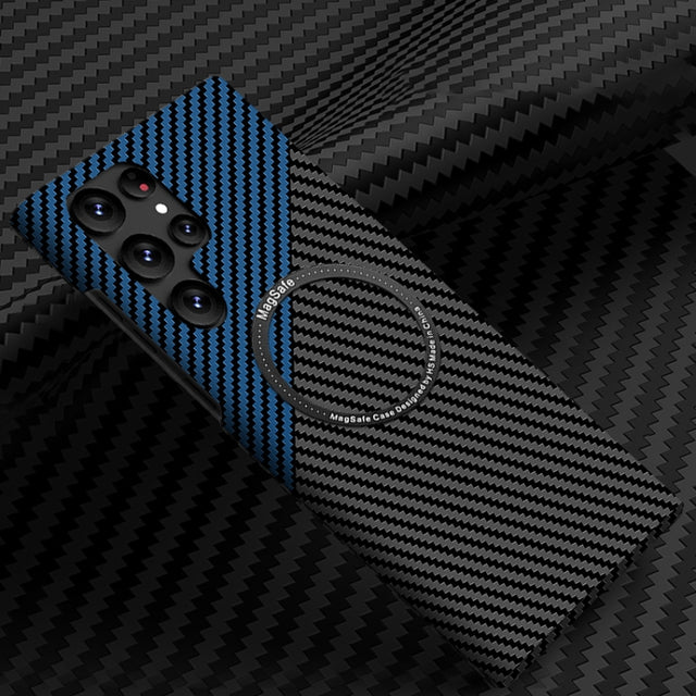 For Samsung Galaxy S23 Ultra 5G Carbon Fiber Texture MagSafe Magnetic Phone Case(Black Blue)