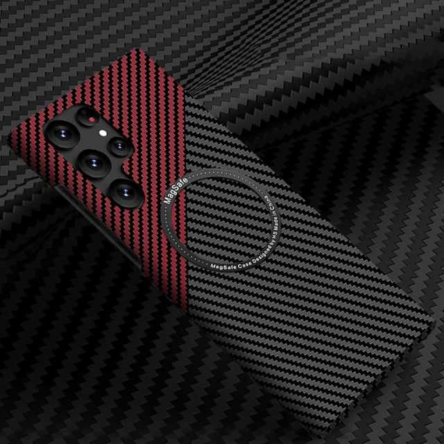 For Samsung Galaxy S23 Ultra 5G Carbon Fiber Texture MagSafe Magnetic Phone Case(Black Red)