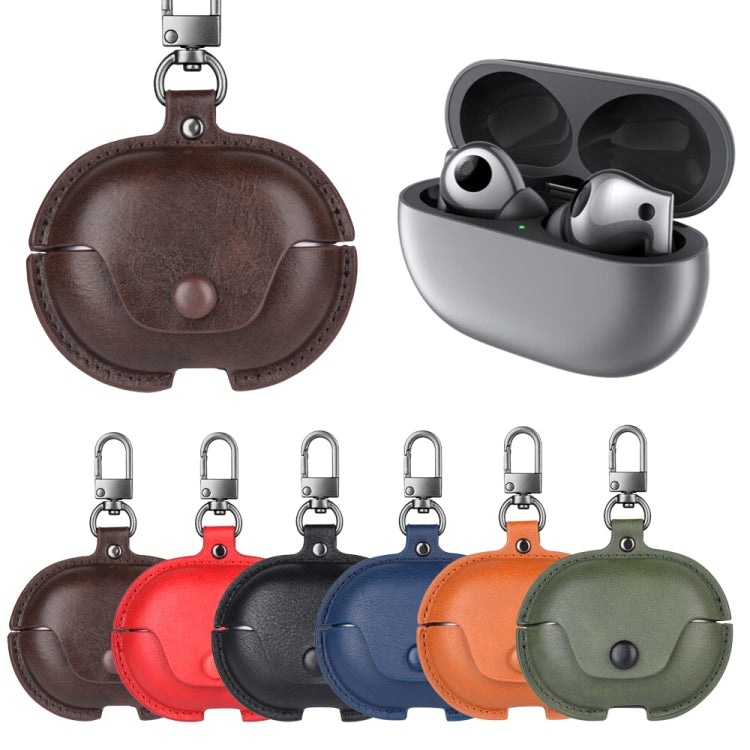 For Huawei FreeBuds Pro 2 Business Leather Earphone Protective Case with Hook(Light Brown)