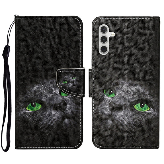For Samsung Galaxy A34 Colored Drawing Pattern Leather Phone Case(Black Cat)
