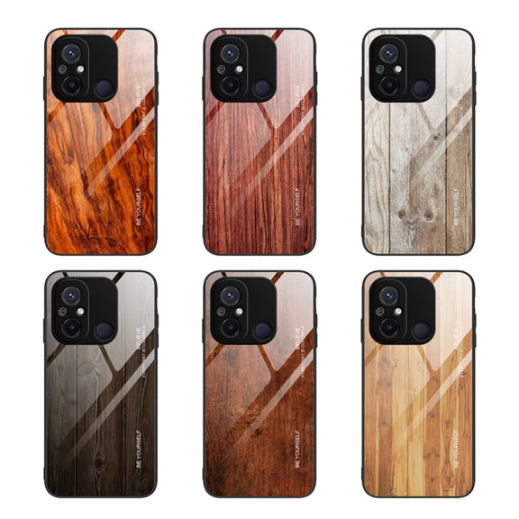 For Xiaomi Redmi 12C Wood Grain Glass Phone Case(Coffee)