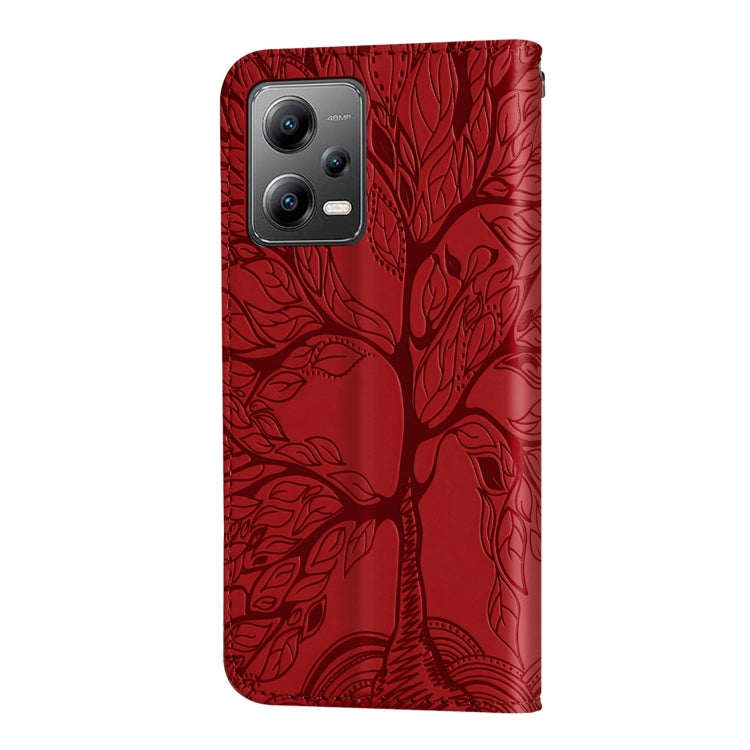 For Xiaomi Poco X5 Life Tree Embossing Pattern Leather Phone Case(Red)
