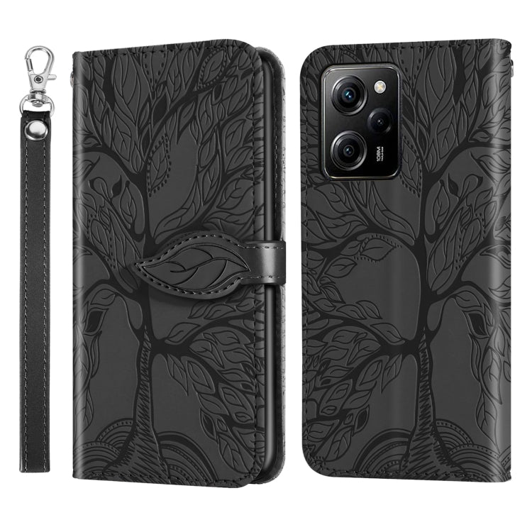 For Xiaomi Poco X5 Pro Life Tree Embossing Pattern Leather Phone Case(Black)