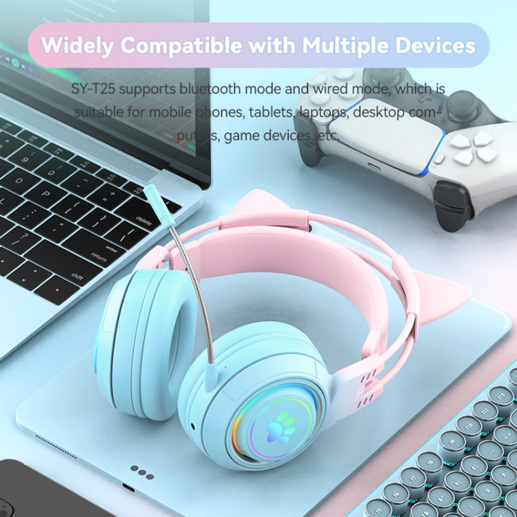 T25 RGB Stereo Cat Ear Bluetooth Wireless Headphones with Detachable Microphone(Purple)