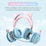 T25 RGB Stereo Cat Ear Bluetooth Wireless Headphones with Detachable Microphone(Pink+Blue)