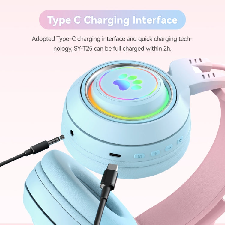T25 RGB Stereo Cat Ear Bluetooth Wireless Headphones with Detachable Microphone(Pink+Blue)