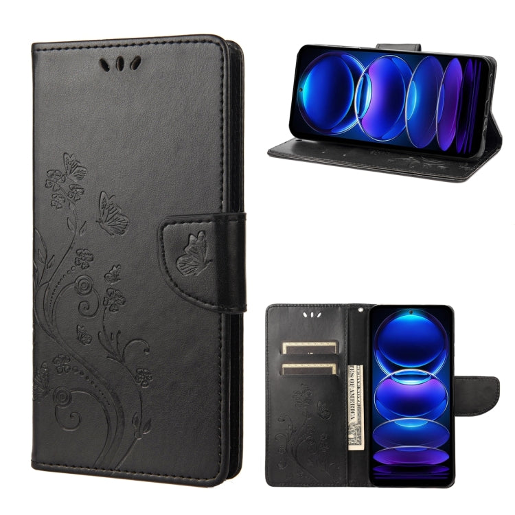 For Xiaomi Redmi Note 12 Pro 5G Global Butterfly Flower Pattern Leather Phone Case(Black)