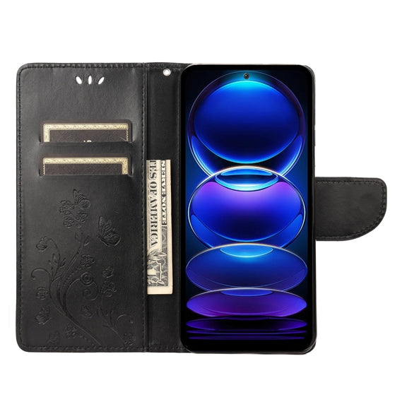 For Xiaomi Redmi Note 12 Pro 5G Global Butterfly Flower Pattern Leather Phone Case(Black)